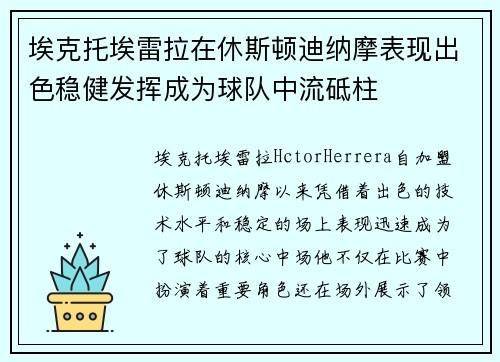 埃克托埃雷拉在休斯顿迪纳摩表现出色稳健发挥成为球队中流砥柱