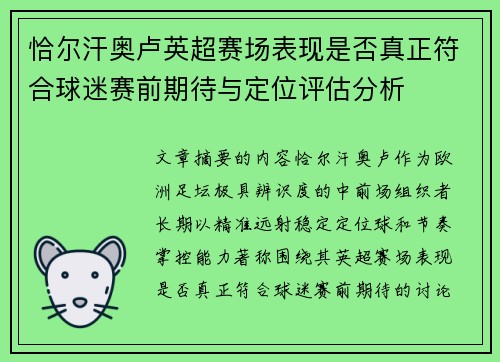 恰尔汗奥卢英超赛场表现是否真正符合球迷赛前期待与定位评估分析